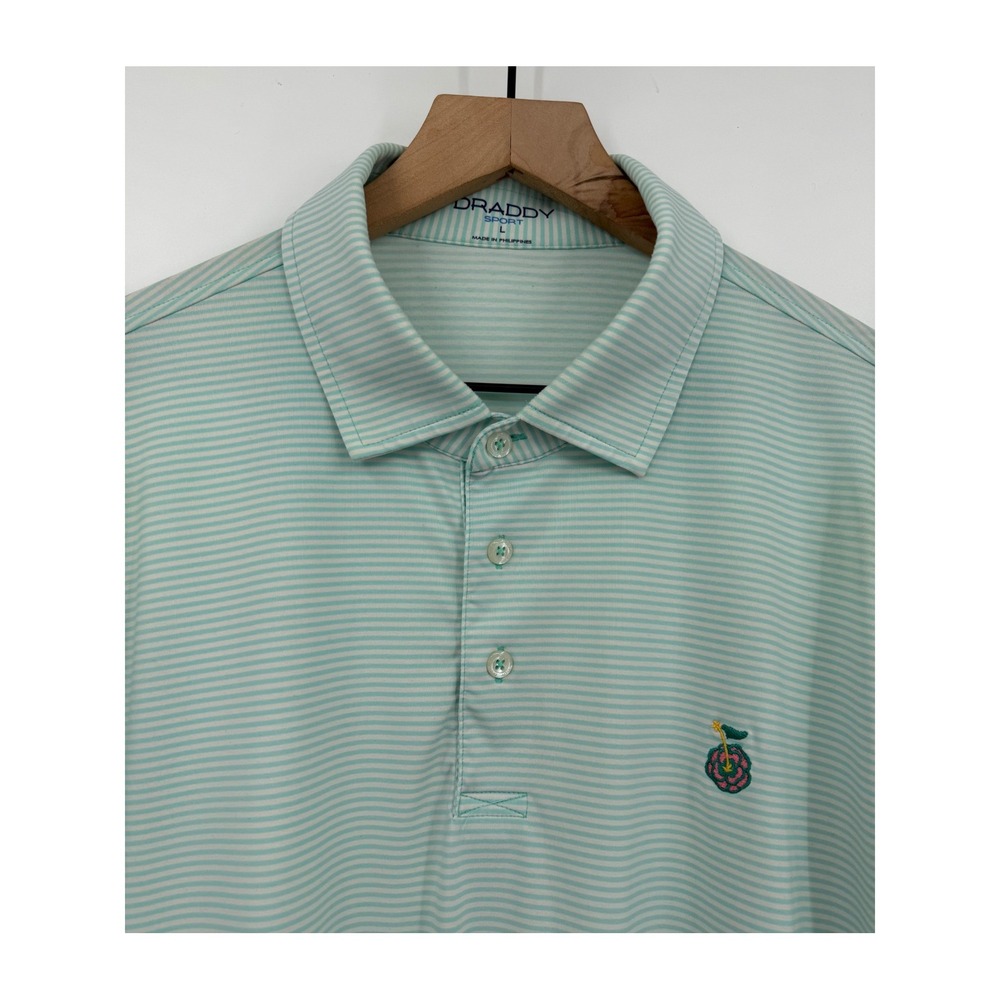 B. Draddy Polo Shirt Mens Large Green Striped Short Sleeve Golf Performance